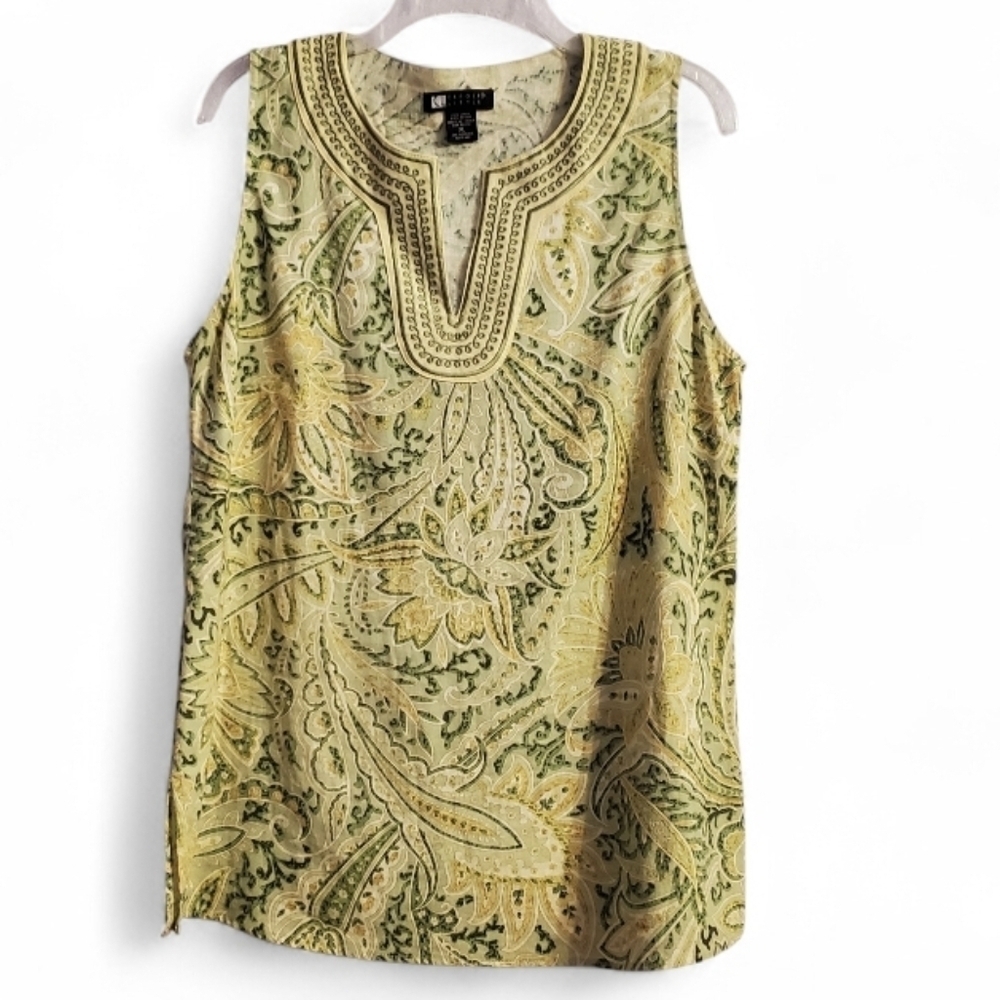 Carole Little Women's Paisley Embroidered Linen Sleeveless Top XL